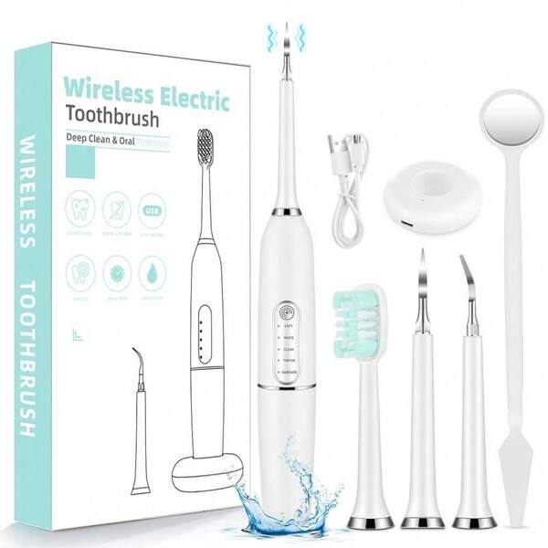 Electric Ultrasonic Scaler, Oral Care Kit, Teeth Whitening Scaler, Calculus, Plaque, Tartar And Other Cleaning, 5 Modes, Timer Reminder Function, With Usb Charging Base, Toothbrush Head, 2 Scaler Heads, Oral Mirror