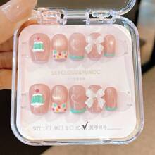 10 件/套手工短款按压指甲，夏季假指甲美甲用品，适合海滩、女孩、青少年、时尚、方形、圆形、椭圆形、猫眼、法式尖头的短指甲，可重复使用，适合教师、学生、办公室、旅行、优雅商务休闲