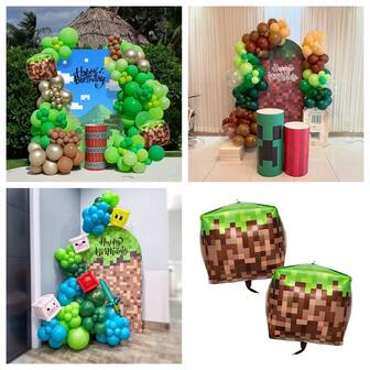 Video Game Balloon Arch Kit - Gold, Green, Brown, Colorful Cubic And Sword Polyester Film Balloons For Video Game Birthday Decoration Balloon Arch Kit Suitable For Pixel Theme Party