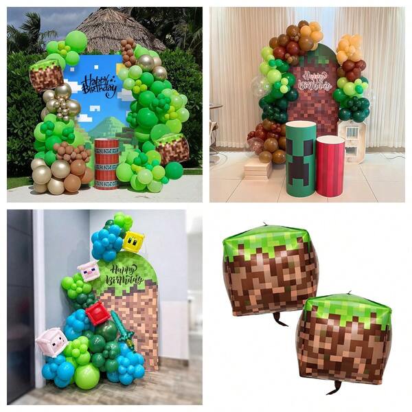 Video Oyunu Balon Kemer Seti - Altın, Yeşil, Kahverengi, Renkli Kübik ve Kılıç Polyester Film Balonlar Video Oyunu Doğum Günü Dekorasyonu İçin Balon Kemer Seti Piksel Temalı Parti İçin Uygun