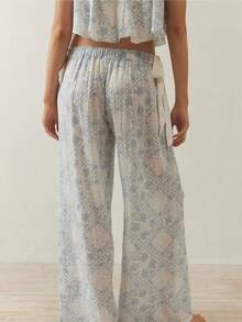 Women's 2 Piece Floral Pajamas Sets Tie Front Fly Sleeves Crop Tops And Elastic Waist Wide Leg Pants Sets Lounge Outfits Sleepwear Homewear - 藍色 - 查看 9