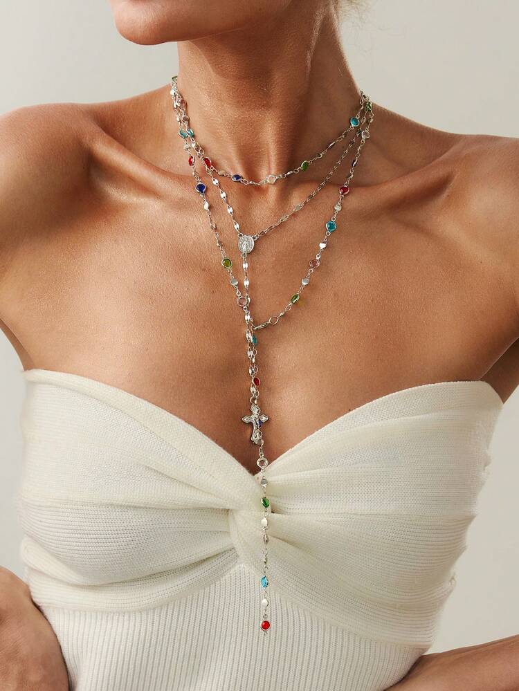 3 件套优雅十字架水钻吊坠项链套装，适合女性日常佩戴 - 款式1 - 查看 9