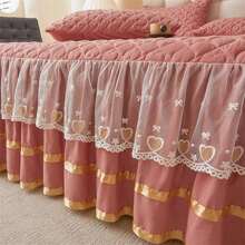 1pc Quilted Bed Skirt With Heart Design (1pc Bed Skirt, No Pillowcase), Decorated With Heart & Bow Lace Trim, Fashionable & Elegant, Moisture-Wicking, Wrinkle-Resistant, Easy To Remove Mattress Protector - Love Bean Paste - View 8