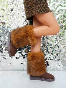Women's Snow Boots Y2K Solid Color 2025 New Autumn/Winter Non-Slip Plus Size Slip-On Fluffy Faux Fox Fur Boots Thick Warm Fashionable Minimalist Sexy Luxury Slim Fuzzy Shoes Elegant Faux Fur Patchwork Party Brown