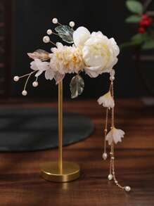 金属叶边白色花朵发夹，适合日常佩戴，爪夹，发爪，发夹，发卡，发夹，花朵发饰，白色发饰，女士度假装扮 - 米色 - 查看 2