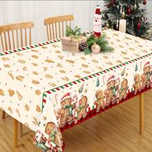 1 pieza Mantel de plástico con tema navideño, 137*220cm Cubierta de mesa para fiesta de Navidad - Diseño de hombrecillo de jengibre y árbol de Navidad | Mantel de plástico desechable, decoración de mesa de comedor navideña, decoración navideña
