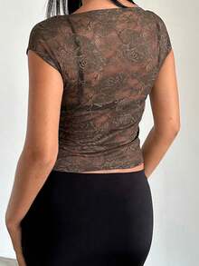 Women's Sheer Lace Tops Cap Sleeve Scoop Neck Solid Color T-Shirts Blouses - màu nâu - Xem 7