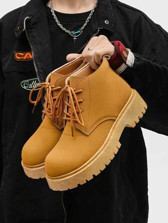 男士靴子秋季高帮休闲短靴小众大头皮鞋厚底增高男鞋