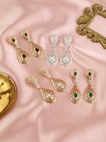 1 par de pendientes de estilo vintage de Oriente Medio con colgante de gota de agua hueco, metal incrustado con rhinestones, adecuado para uso diario, bodas, fiestas, festivales, regalo