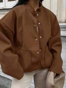 时尚欧美风格女式宽松羊毛混纺夹克，复古风，长袖，立领，大口袋，纯色，短款，秋冬 - 棕色 - 查看 3