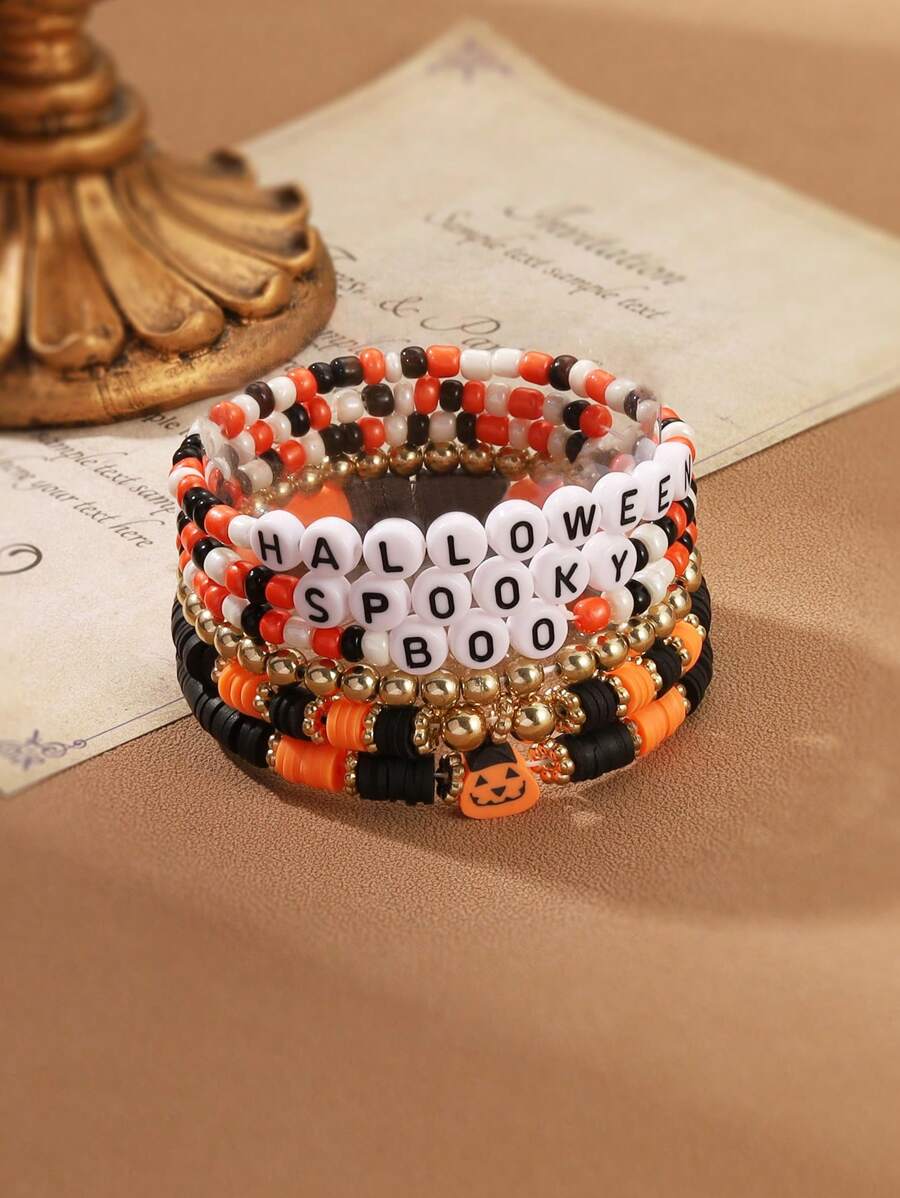 6 件手工万圣节主题字母串珠手链套装，适合女士，恐怖派对装饰，万圣节手链、串珠手链、字母手链、可叠戴手链、恐怖珠宝 - 彩色 - 查看 1