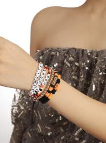 6 件手工万圣节主题字母串珠手链套装，适合女士，恐怖派对装饰，万圣节手链、串珠手链、字母手链、可叠戴手链、恐怖珠宝 - 彩色 - 查看 2