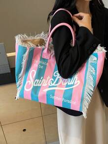 Borsa a tracolla in tela a righe, nuova borsa a frange Dopamine, borsa da pendolare di grande capacità alla moda, stampa a righe casuale