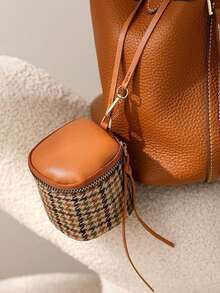 Houndstooth Soft Leather Earphone Pouch Mini Chic Zipper Coin Purse Bucket Lipstick Makeup Bag Multi-Function Handheld Small Bag - Multicolor - View 3