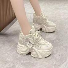 [Moxia] Platform Sneakers, Dad Sneakers, Women's Platform Shoes, Sneakers With In-Heels, Lace-Up, Stylish, Popular, Beautiful Legs, Easy To Walk In, 6.5cm Height Increase - 白色 - 查看 6