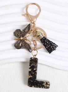 1PC Girl Backpack Charm Accessories Tassel Butterfly Glitter Crystal Wallet Car Keychain Initial Letter Keychain Gift - Black - View 3