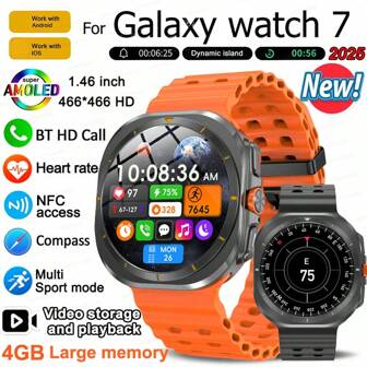 KENPANG 2025新款 Galaxy 智能手表 7 Ultra，1.5英寸高清 AMOLED 屏幕，支持无线通话、NFC 访问、录音、4GB 内存、本地相册视频播放等智能手表。USB 模式，一键从电脑下载音乐视频。心率睡眠监测健身追踪器，男女通用，节日礼物