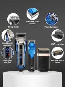 HIENA 3 Piecesmen's Hairdressing, Beauty, And Trimming Tool Set Includes 2 Professional Wireless Electric Blue Scissors And An Electric Shaver. It Supports USB Fast Charging And LED Battery Display. Long Lasting Battery, Beautifully Packaged, Is An Ideal Personal Cleaning Tool, Suitable As A Gift For Family And Friends - Blue - View 6