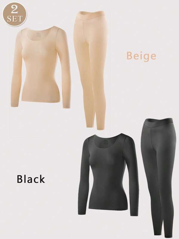 2 Set di biancheria intima termica da donna, senza cuciture, in nero e rosa, top ultra sottili e monocolore, intimo termico caldo e confortevole, maglie a maniche lunghe e collo tondo, senza tracce, aderenti, ad alta elasticità, top base in beige trasparente, casual e caldi per l'autunno e l'inverno, tessuto sottile, maglie base essenziali