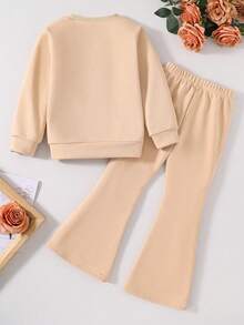 Tween Girl Cartoon Print Crew Neck Sweatshirt And Flare Pants Set - Khaki - View 2