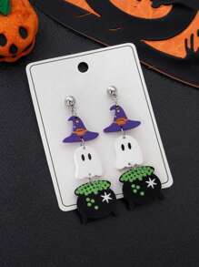 1 对女士万圣节帽子和鬼魂印花粘土吊坠耳环，适合派对（随机卡片）