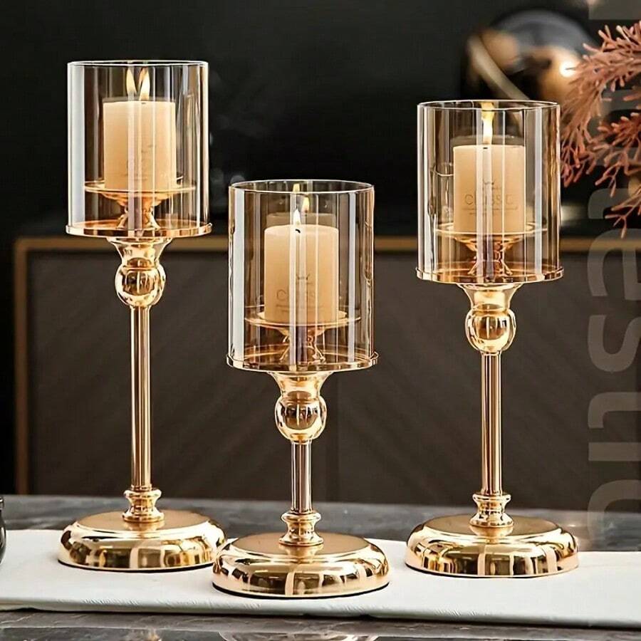 1pc European Style Metal Glass Candlestick Ornament Light Luxury Wedding Party Table Decoration Props, Home Romantic Candlelight Dinner, Table Decoration, Romantic Candlestick, Atmosphere Decor, Table Living Room Table Decor, Birthday Candles - 1pc - View 1