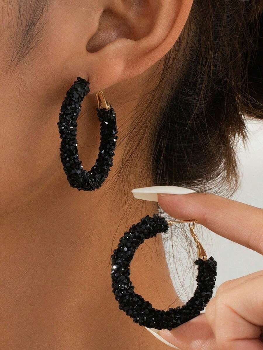 一对闪亮创意镶嵌黑色环状耳环，优雅的派对礼物 - 黑色 - 查看 1