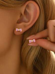 2pcs Lightweight Luxurious High Glitter Pink Bow Earrings, 925 Sterling Silver Women's Earrings, Elegant Jewelry Gift For Women, Valentine's Day Birthday, Everyday Wear - Pink Bow Earrings - View 4