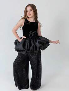 Tween Girl 2 Pieces Sleeveless 3D Floral Tulle Party Dress Set, Suitable For Girls Birthday Party, Wedding, Bridesmaid, Holiday Celebration - Black - View 5