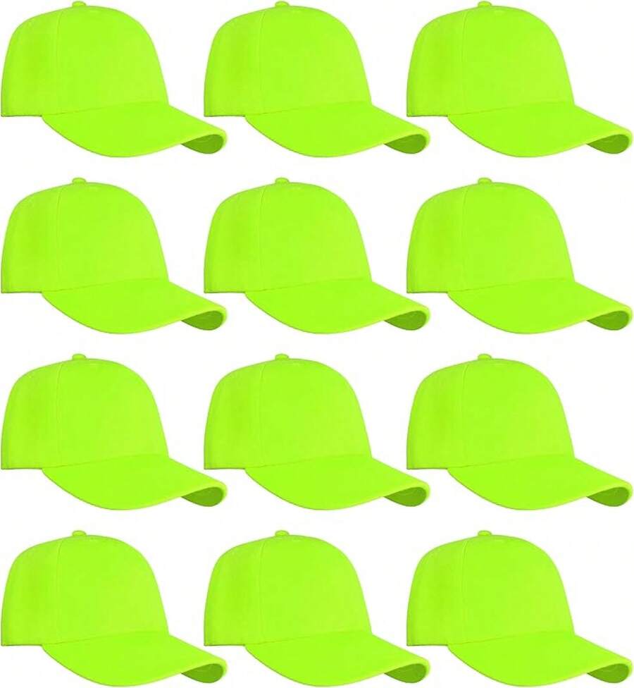 Bulk Lot 12-Pack Adjustable Size Plain Blank Solid Color Baseball Caps - Neon Green - View 1
