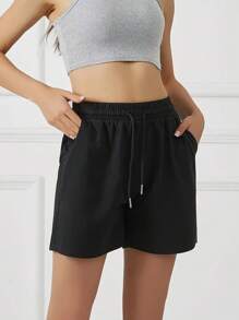 3 件纯色休闲短裤，抽绳松紧腰跑步健身短裤，女士运动服 - 黑色 - 查看 5