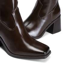 Women's Square Toe Knee High Boots Chunky Heel Side Zipper  Classic Solid Color Fashionable Y2K Party Tall Boots - 巧克力棕 - 查看 7