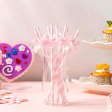 10/20/30/50/100支装粉色条纹蝴蝶结纸吸管，配缎带蝴蝶结，适用于婴儿派对、生日、婚礼、新娘送礼会、蝴蝶主题派对、青少年睡衣派对、派对装饰 - 粉色 - 查看 2