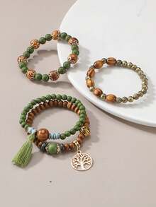 4 件/套波西米亚风格多层手链套装，包含木珠、玻璃珠、流苏、生命之树和蝴蝶饰物，适合日常佩戴 [珠子数量随机，羽毛位置随机] - 綠色 - 查看 2