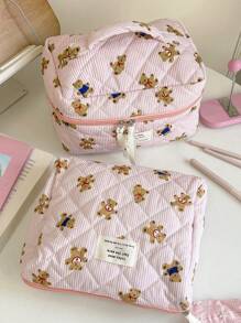 1个粉色条纹泰迪熊化妆包，万圣节不给糖就捣蛋，时尚休闲大容量拉链化妆包，文具收纳袋，旅行必备，女士礼物 - 粉色 - 查看 13