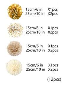 12pcs/Set Gold Tone Paper Flower & Honeycomb Ball Party Backdrop Decoration,Diy Birthday, Spring, Baby Shower, Wedding Paper Flower Decoration, Back To School Valentine Day