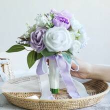 Dusty Blue Wedding Bouquets For Bride Bridesmaid, White Wedding Artificial Roses Flowers For Wedding Bouquets Ceremony, Anniversary - Lilac & Ivory & Cream - View 1