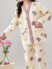 [PONX]2pcs Women V-Neck Cardigan Pajama Set, Long Sleeve Top And Pants, Soft Homewear For Spring And Autumn - Apricot - View 4