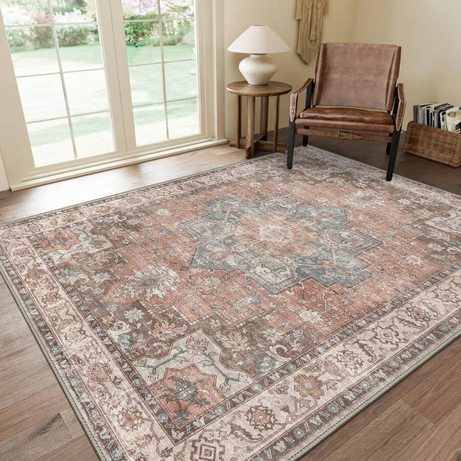 1Pc Area Rugs For Living Room, Machine Washable Non Slip Vintage Rugs, Low Pile Lightweight Print Rug For Bedroom, Dining Room, Home Office, Light Taupe Brown, Low Pile Carpet - 露珠粉紅 - 查看 1