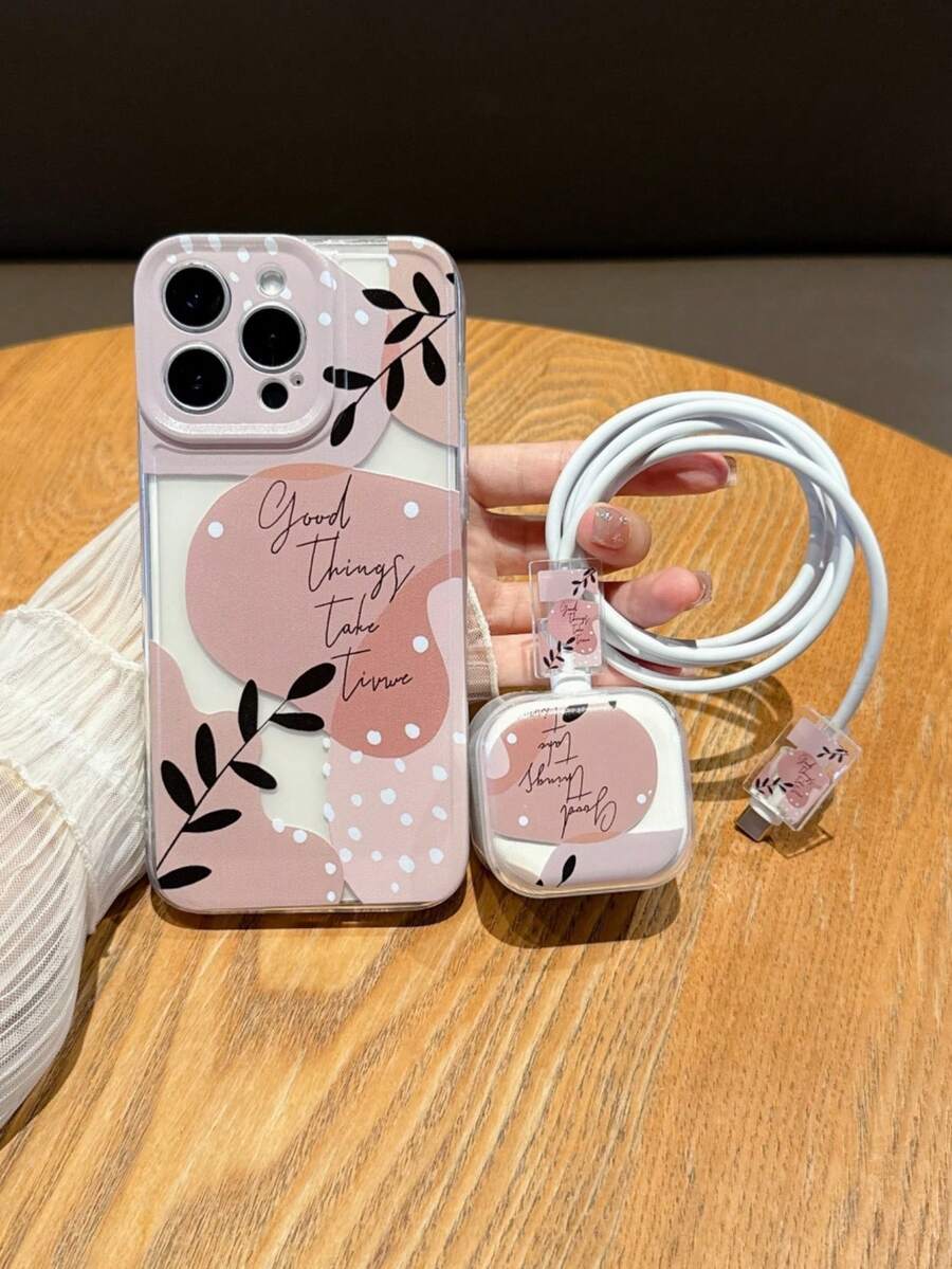 Juego de 4 en 1: Funda para teléfono + Cargador estándar del Reino Unido + Cable de datos, diseño con estampado de hojas, estuche protector de carga rápida compatible con iPhone 7/8/7+/8+/X/XS/XR/XSMax/11/11Pro/11ProMax/12/12Pro/12ProMax/12Mini/13/13Pro/13ProMax/13Mini/14/14Pro/14Plus/14ProMax/15/15Pro/15Plus/15ProMax/16/16Pro/16Plus/16ProMax a prueba de agua, a prueba de golpes, resistente a caídas y arañazos - Multicolor - Ver 1