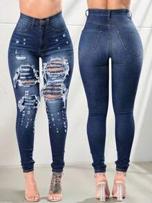 Pantalones vaqueros pitillo rasgados de cintura alta para mujer - Azul lavado oscuro - Ver 4