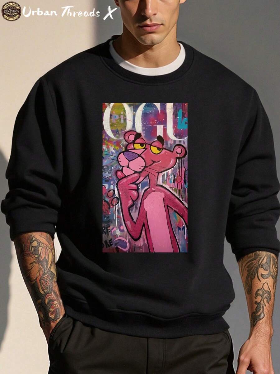 Men's Thickened Crew - Neck Sweatshirt, Loose Rib Cuffs, Art Graffiti - Style Pattern, Autumn & Winter Daily & Outdoor Pick