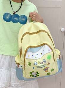 Cute & Fresh Ditsy Floral Cat Pattern Canvas Backpack For College Girls, School Backpack - Yellow - View 3