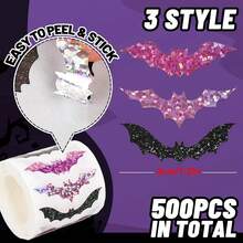 TYFYO 500pcs Halloween Bat Stickers Roll Laser Black Bat Waterproof 5 Designs Glitter Self-Adhesive Stickers For Halloween Party Scrapbook Decoration School Supplies,Back To School - Multicolor - View 4