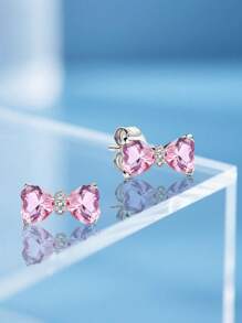 2pcs Lightweight Luxurious High Glitter Pink Bow Earrings, 925 Sterling Silver Women's Earrings, Elegant Jewelry Gift For Women, Valentine's Day Birthday, Everyday Wear - Pink Bow Earrings - View 9