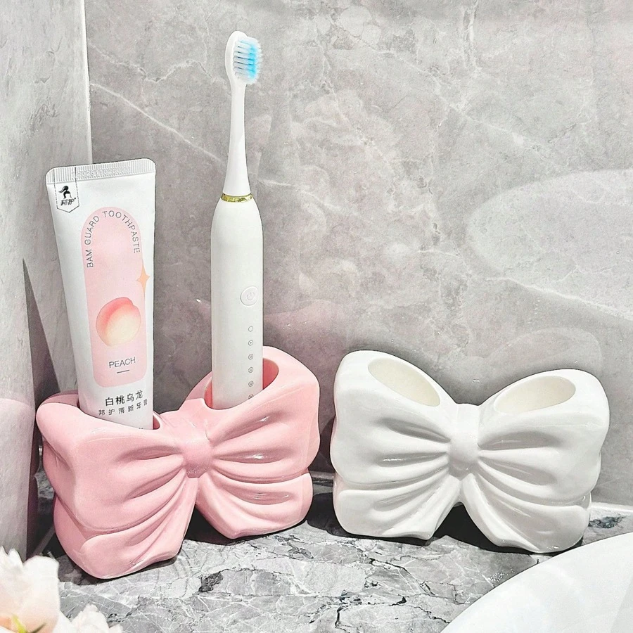 1 件 Ins 风格双槽蝴蝶结牙刷架，创意浴室梳妆台收纳架，适用于电动牙刷和牙膏，陶瓷支架，浴室梳妆台台面收纳配件，送给女孩的礼物，家居浴室装饰夏季