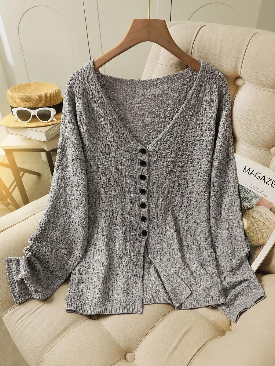 Cárdigan de punto con botones de unicolor informal en tallas grandes