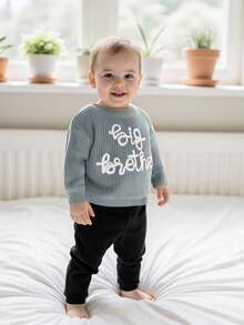 Toddler Boys Knitted Jumper Big Bro Letter Embroidery Round Neck Pullover Sweater Baby Warm Knit Tops Pullover Knitwear - 灰色 - 查看 7