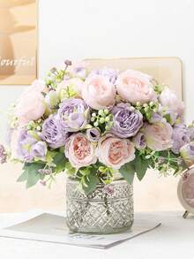 1 buchet de flori artificiale mixte cu trandafir, hortensie, bujor, ideal pentru cadou de Ziua Îndrăgostiților, nuntă, petrecere de ziua de naștere, decorare interioară, flori conservate care nu necesită întreținere