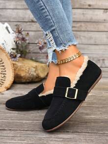 2024 New Preppy Style Buckle Warm Loafers For Women, Vintage Breathable Driving Shoes, Faux Fur Moccasins, Slip-On Casual Flat Shoes For Work